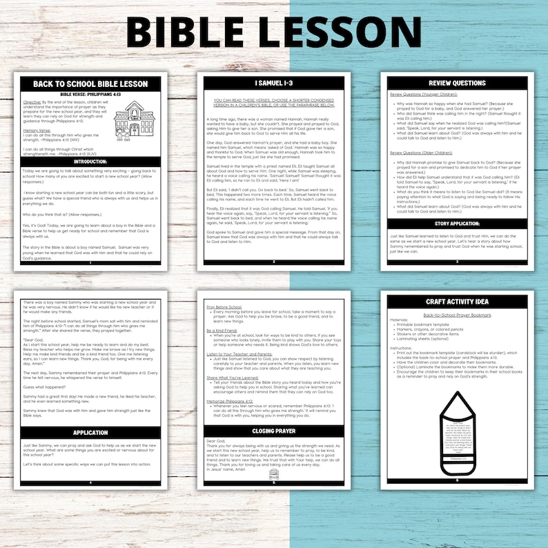 May include: A printable worksheet for a back-to-school Bible lesson for children. The worksheet features a colorful illustration of a schoolhouse and includes text about the Bible story of Samuel. The worksheet also includes a craft activity idea for making bookmarks.