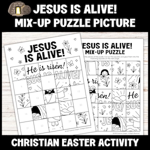 May include: Black and white printable Easter activity for kids. The activity is a mix-up puzzle picture with the words "Jesus is Alive!" and "He is risen!" The puzzle is made up of 24 squares.
