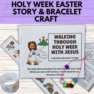 Könnte beinhalten: Ein druckbares Bastelset für Kinder, um die Karwoche kennenzulernen. Das Set enthält ein Heft mit Illustrationen und ein Perlenarmband. Das Heft enthält den Text "Mit Jesus durch die Karwoche gehen: Eine Geschichte mit Perlenarmband". Das Armband hat bunte Perlen und eine rosa Schnur. Der Text "Aber Gott erweist uns seine Liebe darin, dass Christus für uns gestorben ist, als wir noch Sünder waren. - Römer 5,8 NIV" ist auf dem Heft gedruckt.
