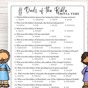 Trivia per la festa del papà sui padri della Bibbia per la chiesa e lo studio della Bibbia, gioco stampabile per la scuola domenicale della festa del papà, quiz sui papà della Bibbia