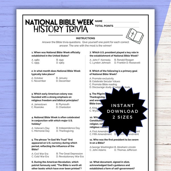 National Bible Week Bible in US History Trivia Game for Church Bible Study, Adult Bible Trivia, Youth Group Game Night Activity