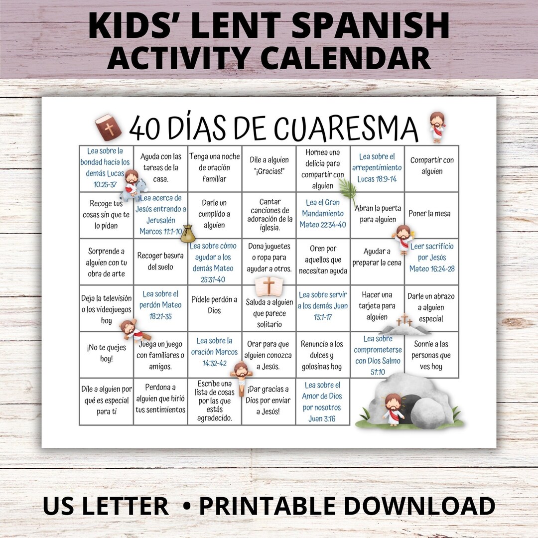 Kids 40 Days Lenten Calendar Spanish, Spanish Lent Activity Calendar ...