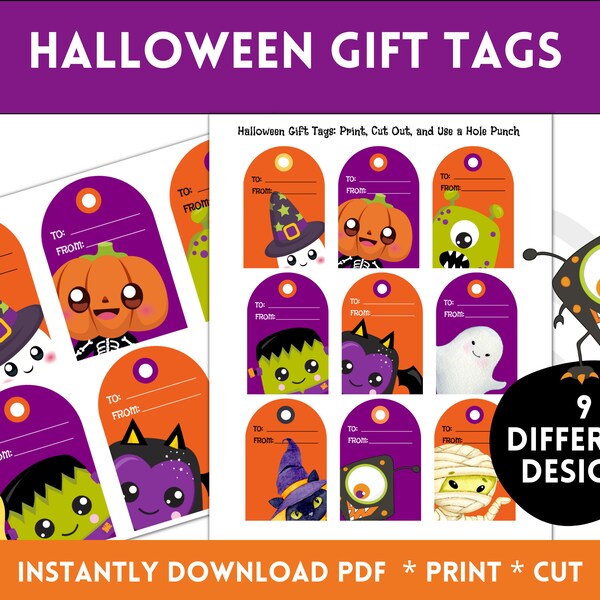 Halloween Printable Party Favor Tags for Kids, Party Treat Tags, Halloween Gift Tags, Party Bag Tag, Cute Monsters, Print @ Home Download
