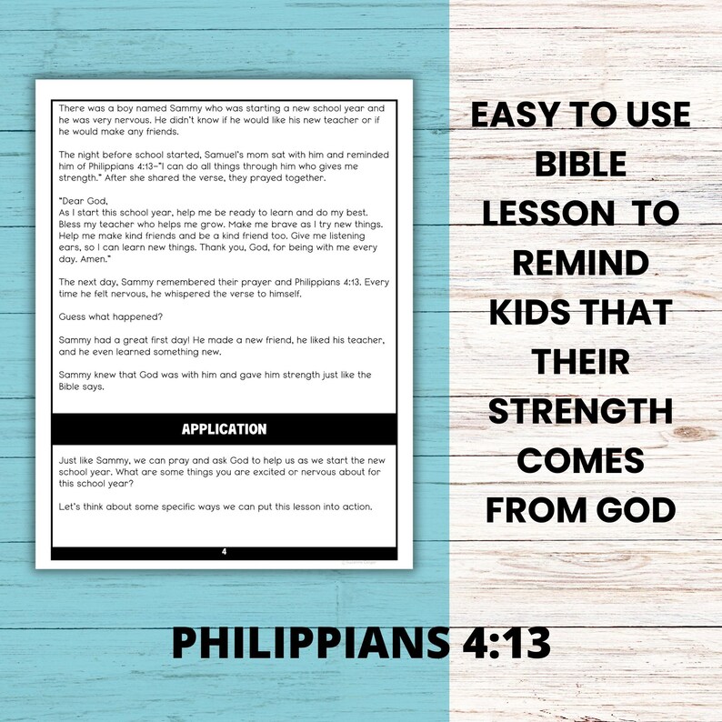 May include: A printable Bible lesson for kids about finding strength in God. The lesson uses the Bible verse Philippians 4:13, "I can do all things through Christ who strengthens me." The lesson is designed to help kids learn how to find strength in God when they are feeling nervous or scared.