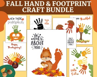May include: A set of printable fall-themed handprint and footprint craft activity cards. The cards feature various designs, including a pumpkin, a turkey, a squirrel, and a tree. The text on the cards includes "Hey there pumpkin", "Happy Thanksgiving", "I'm nuts about you", "Trick or Treat", "I'm nuts about you", and "I'm thankful".