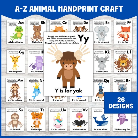 Animal Alphabet Handprint Crafts: A-Z Letter Learning Bundle for Preschool, 26 Printable Animal Templates with Poems, Back to School Craft