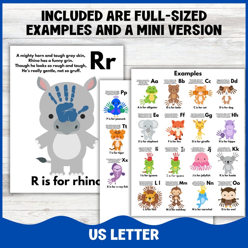 Pode incluir: Um gr&aacute;fico de alfabeto imprim&iacute;vel com uma ilustra&ccedil;&atilde;o colorida de um rinoceronte para a letra R. O gr&aacute;fico inclui a letra R e a frase "R is for rhino". O gr&aacute;fico tamb&eacute;m inclui exemplos de outras letras do alfabeto com ilustra&ccedil;&otilde;es de animais.