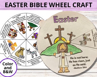 Artisanat de l'école du dimanche de Pâques, roue de coloriage de l'histoire de la Bible de Pâques, activité biblique de la semaine sainte, il est ressuscité leçon imprimable de Spinner de la Bible pour les enfants