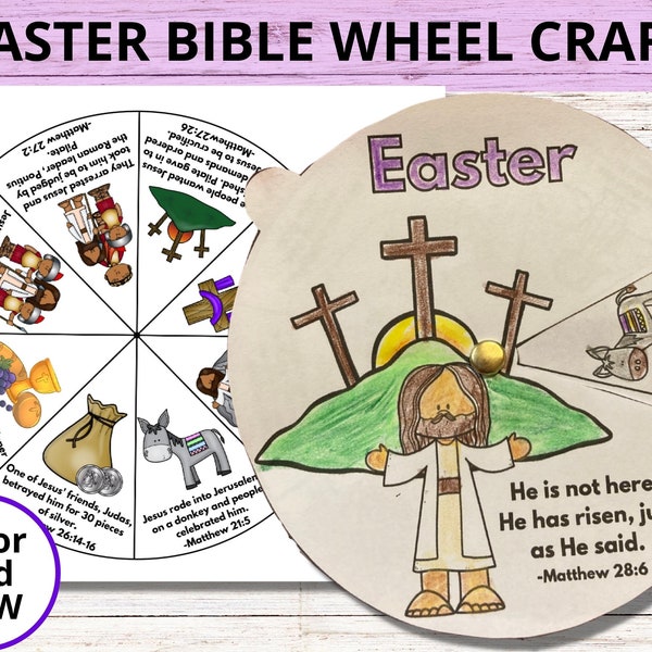 Easter Sunday School Craft, Easter Bible Story Coloring Wheel, Holy Week Bible Activity, He is Risen Printable Bible Spinner Lesson for Kids