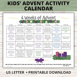 May include: A printable Kids' Advent Activity Calendar in US Letter size. The calendar features 4 weeks of activities, including Bible readings, service ideas, and creative projects. The design includes purple accents and text, with a Bible verse at the bottom.