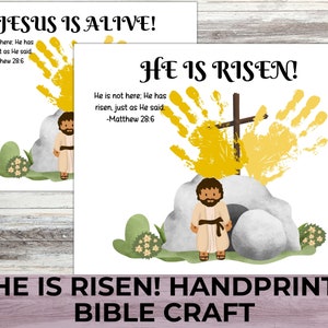 He is Risen Sunday Handprint Craft, Jesus is Alive Easter Sunday School Handprint Art, Christian Easter Printable Bible Craft for Kids