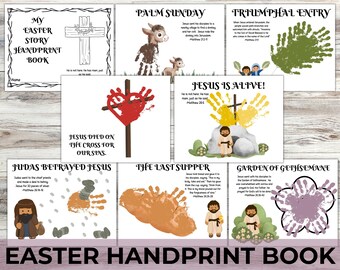 Pode incluir: Um livro de impressões de mão de Páscoa imprimível para crianças. O livro inclui páginas para cada evento da história da Páscoa, como o Domingo de Ramos, a Última Ceia e o Jardim do Getsêmani. Cada página tem uma ilustração simples e espaço para a impressão da mão de uma criança.