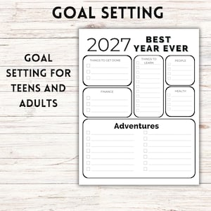 May include: A white goal setting planner page with black text reading 2027 BEST YEAR EVER. The layout includes sections for THINGS TO GET DONE, THINGS TO LEARN, PEOPLE, FINANCE, HEALTH, and ADVENTURES, each featuring checkboxes and lines for writing.