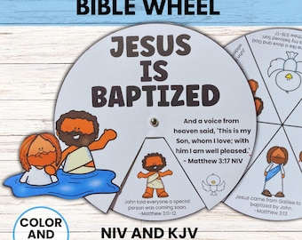 Jesus is Baptized Bible Wheel Craft, Matthew 3:1-17 Bible Coloring Wheel, Baptism of Jesus Bible Coloring Spinner Wheel Sunday School Lesson