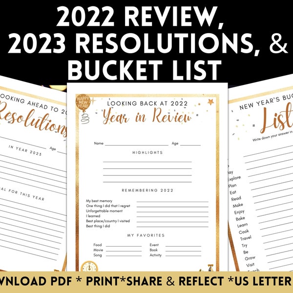 New Years Eve 2023 Year in Review Printable, 2024 New Years Resolutions, New Year Family Bucket List Goals, Time Capsule for Kids and Adults