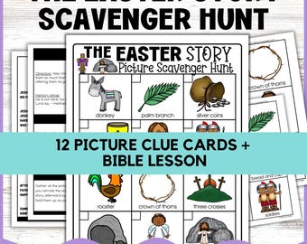 May include: A printable Easter scavenger hunt game with 12 picture clue cards and a Bible lesson. The game features images of a donkey, palm branch, silver coins, crown of thorns, three crosses, rooster, and soldiers.