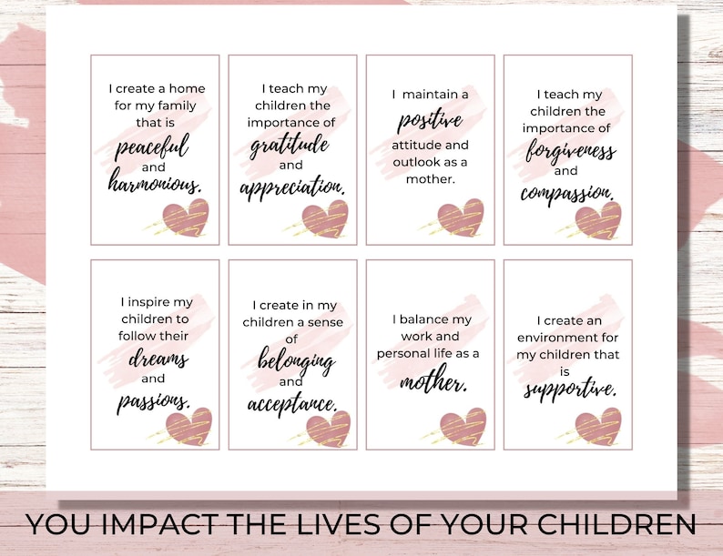 Puede incluir: Ocho tarjetas en forma de coraz&oacute;n rosa y dorado con mensajes inspiradores para padres. Las tarjetas muestran el texto "Impactas las vidas de tus hijos".