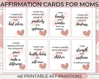 May include: Set of eight printable affirmation cards for moms. Each card features a pink and gold heart design and an affirmation such as "I inspire my children to be their best selves." and "I find beauty and wonder with my children."
