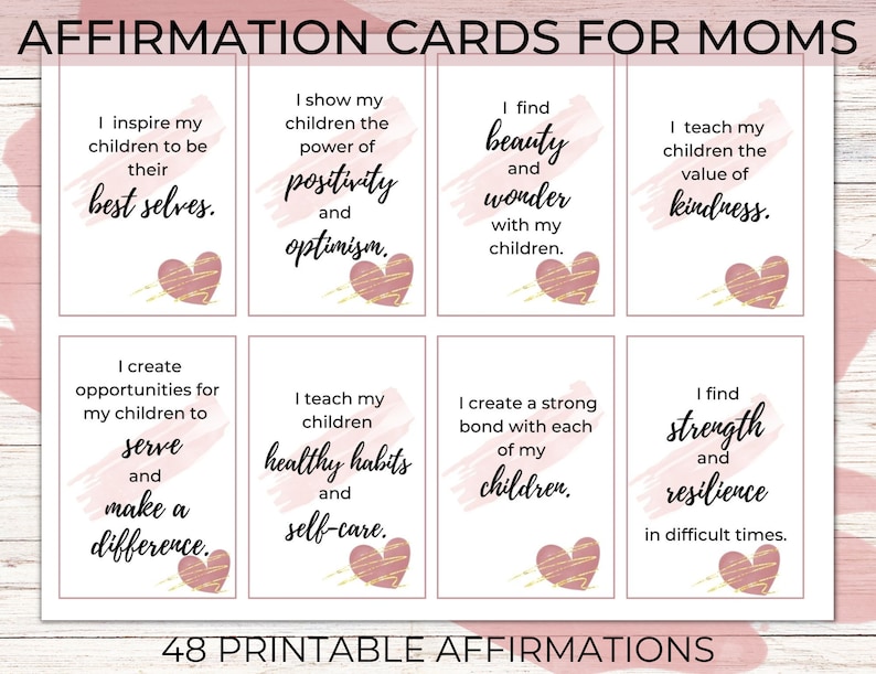 Puede incluir: Conjunto de ocho tarjetas de afirmaci&oacute;n imprimibles para madres. Cada tarjeta presenta un dise&ntilde;o de coraz&oacute;n rosa y dorado y una afirmaci&oacute;n como "Inspiro a mis hijos a ser sus mejores yo" y "Encuentro belleza y maravilla con mis hijos."