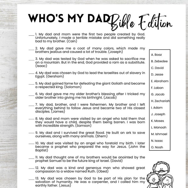 Fathers Day Fathers of the Bible Printable Trivia Game for Church and Families, Fathers Day Sunday School Game, Match Bible Dads and Kids