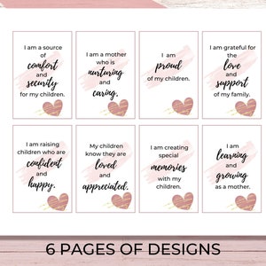 Puede incluir: Seis tarjetas imprimibles con fondos de acuarela rosa y corazones dorados. Cada tarjeta presenta una afirmaci&oacute;n positiva sobre la maternidad, como "Soy una fuente de consuelo y seguridad para mis hijos." y "Estoy aprendiendo y creciendo como madre."