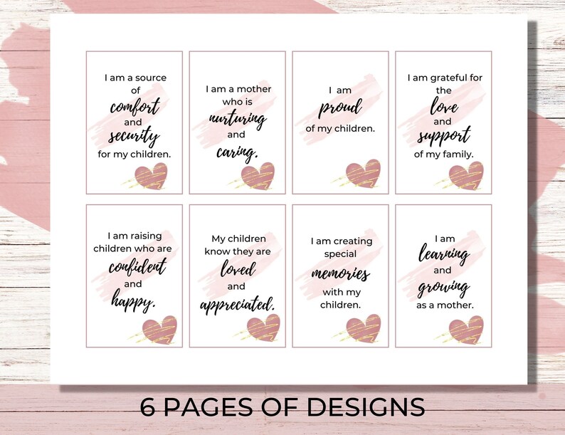 Puede incluir: Seis tarjetas imprimibles con fondos de acuarela rosa y corazones dorados. Cada tarjeta presenta una afirmaci&oacute;n positiva sobre la maternidad, como "Soy una fuente de consuelo y seguridad para mis hijos." y "Estoy aprendiendo y creciendo como madre."