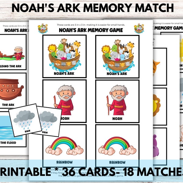 Noah's Ark Bible Memory Match Cards for Kids, Memory Game for Toddlers & Preschoolers, Printable Bible Matching Game for Sunday School