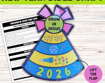 Neujahrs-Bibel-Handwerk 2026, Wachsen in Jesus-Neujahrs-Partyhut-Sonntagsschulaktivität, 2026-Neujahrs-Bibel-Lektions-Handwerk und Hingabe für Kinder