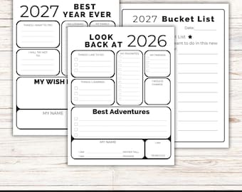 Puede incluir: Un conjunto de tres hojas de actividades imprimibles para cápsulas del tiempo de Año Nuevo en blanco y negro. Las páginas incluyen indicaciones para 2027 Best Year Ever, 2027 Bucket List y Look Back at 2026, con secciones para metas y datos.