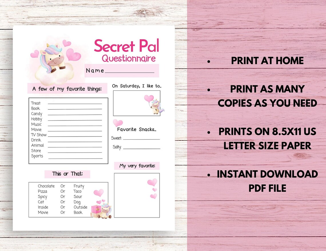 Secret Pal Questionnaire, Valentine's Day Secret Valentine Printable ...