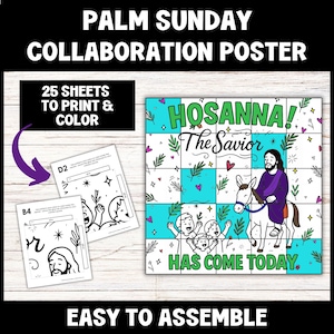 May include: A printable Palm Sunday collaboration poster with 25 sheets to colour. The poster features a colourful illustration of Jesus riding a donkey with palm branches and the text "HOSANNA! The Savior HAS COME TODAY."