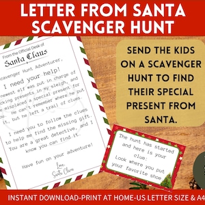 Búsqueda del tesoro navideña en interiores con letras de Papá Noel para niños, pistas imprimibles de búsqueda del tesoro de Nochebuena, juego de fiesta navideña, búsqueda de regalos de Navidad