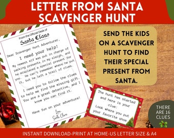 Santa Letter Indoor Christmas Scavenger Hunt for Kids, Printable Christmas Eve Treasure Hunt Clues , Holiday Party Game, Xmas Gift Hunt