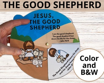 May include: A colorful printable wheel with a picture of Jesus and sheep. The wheel has the text "Jesus, The Good Shepherd" and a Bible verse from John 10:11. The wheel is labeled "Color and B&W".