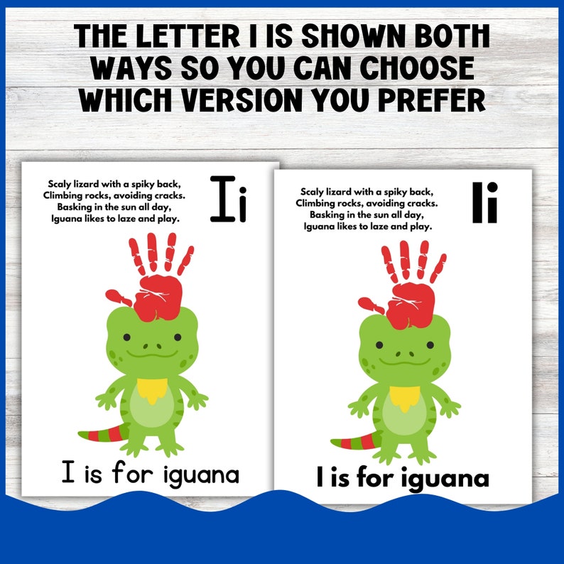 Pode incluir: Duas vers&otilde;es da letra "I" s&atilde;o mostradas com uma ilustra&ccedil;&atilde;o de iguana verde. O texto "Lagarto escamoso com uma espinha nas costas, Escalando rochas, evitando rachaduras. Tomando sol o dia todo, A iguana gosta de relaxar e brincar." &eacute; mostrado ao lado de cada letra. O texto "I &eacute; para iguana" &eacute; mostrado abaixo de cada letra.
