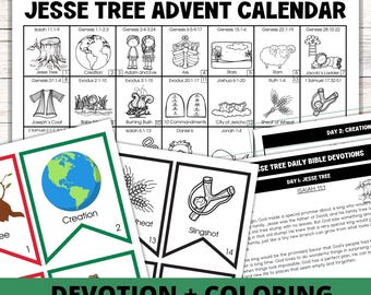 Jesse Tree Advent Calendar Devotional and Coloring Christmas Craft Activity Printable for Kids, Jesse Tree Coloring Advent Banner Craft