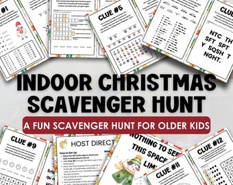 Búsqueda del tesoro navideña imprimible para adolescentes, búsqueda del tesoro navideña en interiores para niños mayores y preadolescentes, juego fácil de búsqueda de regalos para la mañana de Navidad
