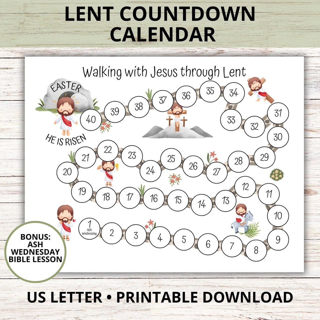 40 Days Lent Countdown Calendar for Kids, 40 Days Lenten Calendar, Ash