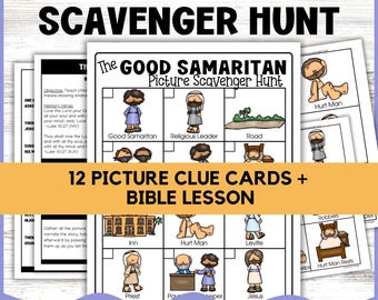 May include: A printable game for kids to learn about the Good Samaritan parable. The game includes 12 picture clue cards and a Bible lesson. The cards feature illustrations of characters and objects from the story, such as a Good Samaritan, a religious leader, a road, a hurt man, an inn, a priest, a Levite, and robbers.