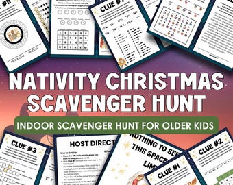 May include: A Nativity Christmas Scavenger Hunt game for older kids. The image shows 12 clues with various puzzles and riddles. The game includes instructions and illustrations of the Nativity scene. The background is a starry night sky.