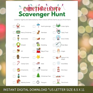 May include: A printable Christmas Lights Scavenger Hunt checklist with a white background and colorful illustrations. The checklist includes items like Santa, reindeer, a snowman, a Christmas tree, and a penguin.
