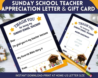 May include: Printable thank you card and letter for a Sunday School teacher. The card features a nativity scene with a blue and yellow color scheme and stars. The letter has lines for writing a message and a space for the child's name.