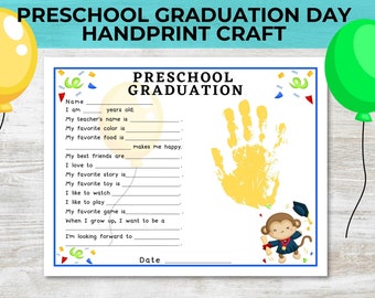 Last Day of Preschool Graduation Keepsake Handprint Art, Handprint Craft Preschool Interview Questionnaire, Daycare End of Year Printable
