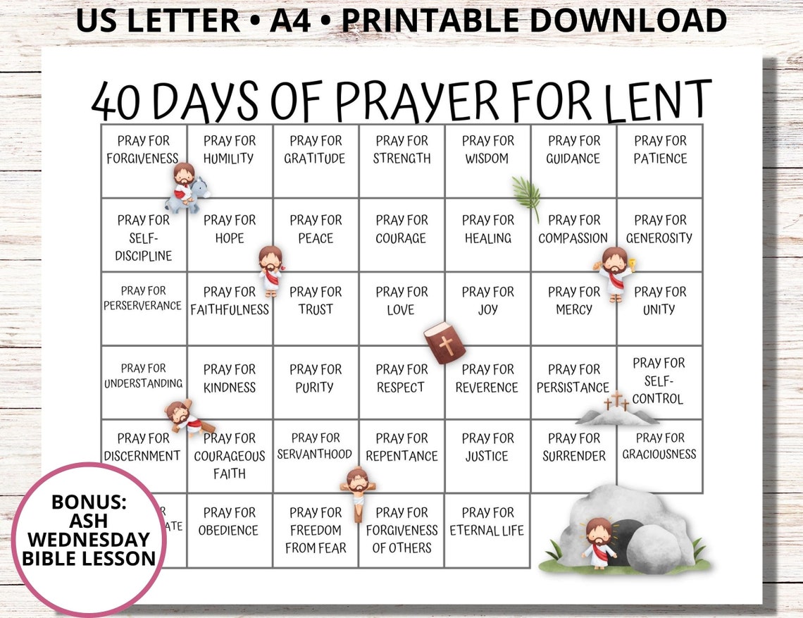 40 Days of Prayer Lenten Calendar Lent Prayer Calendar for Kids Ash