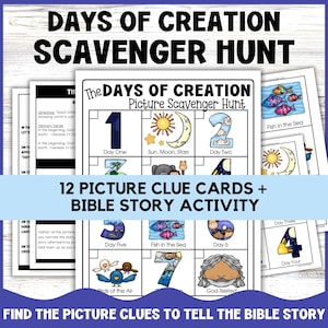 May include: A colorful printable game board for a scavenger hunt about the days of creation. The board has 12 squares with pictures of the sun, moon, stars, fish, birds, and a man resting. The text "The Days of Creation Picture Scavenger Hunt" is at the top of the board.