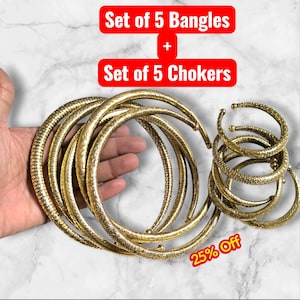 5 antika tribala chokers och 5 matchande manschettarmband - Antikguldton