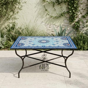 Handgemaakte Marokkaanse mozaïek Zellige rechthoekige eettafel l Celestial Sky Blue & Indigo Marokkaanse tegeltafel l kleurrijke Zellige terrastafel