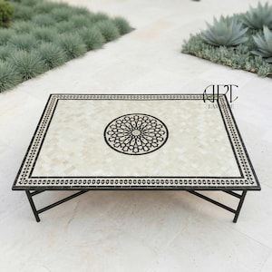Handmade Mosaic Zellige Rectangular Table l Black & White Moroccan Tile Table with Hand-Forged Iron Base l Indoor, Outdoor Living