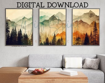 Mountain Wall Art 3 Piece Abstract Mountain Print Set of 3 Landscape Print Set Watercolor Modern Home Decor High Quality Printable Triptych