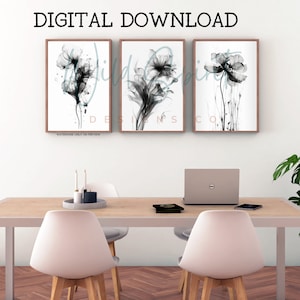 Schwarz-Weiß-Blumen-Druck-Set von 4 abstrakten Blumen-Druck-Schwarz-Weiß-Wand-Dekor schwarz-weiß Botanischer Digitaldruck Minimalist